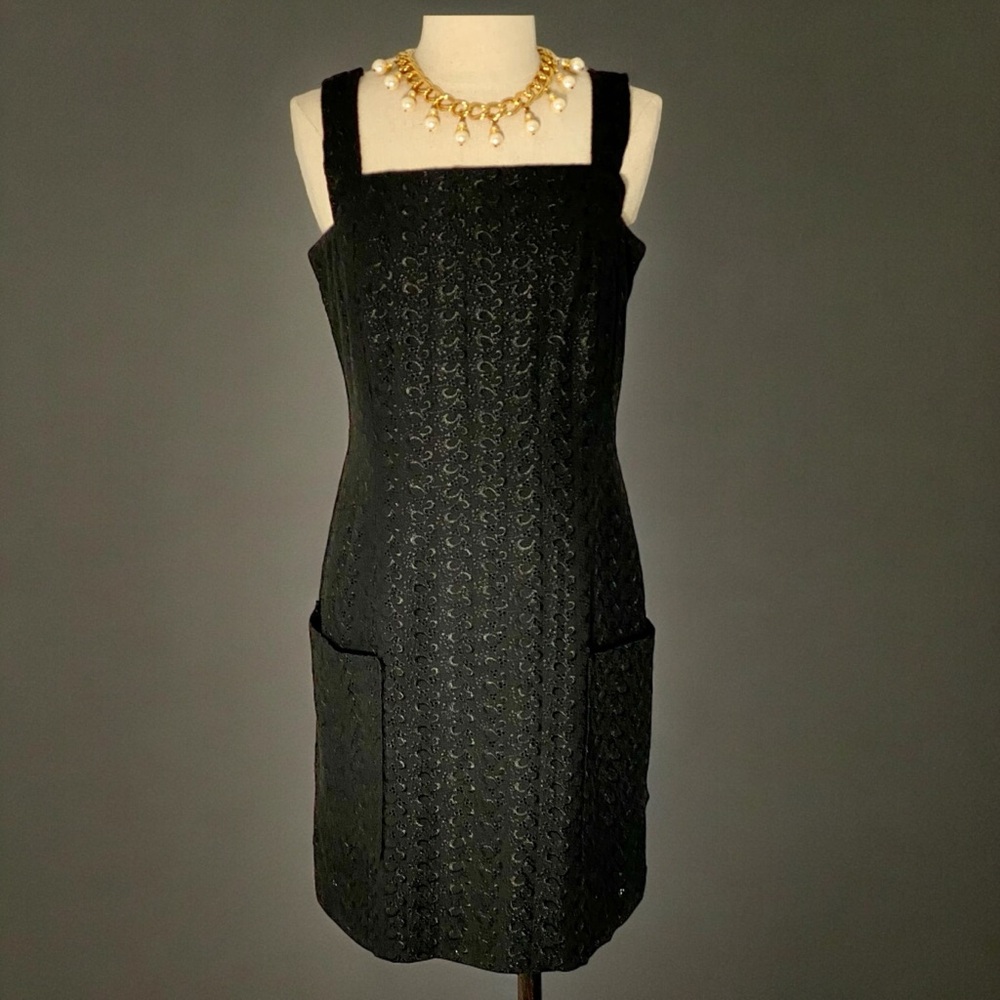 Vintage 90’s DKNY Classic Black Eyelet Square Neck Shift Dress size 8